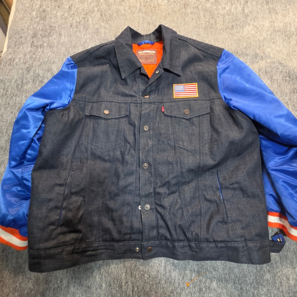 Levi's x NFL Denim Varsity Bomber Jacket Blue Satin Sleeves 3XL American Flag